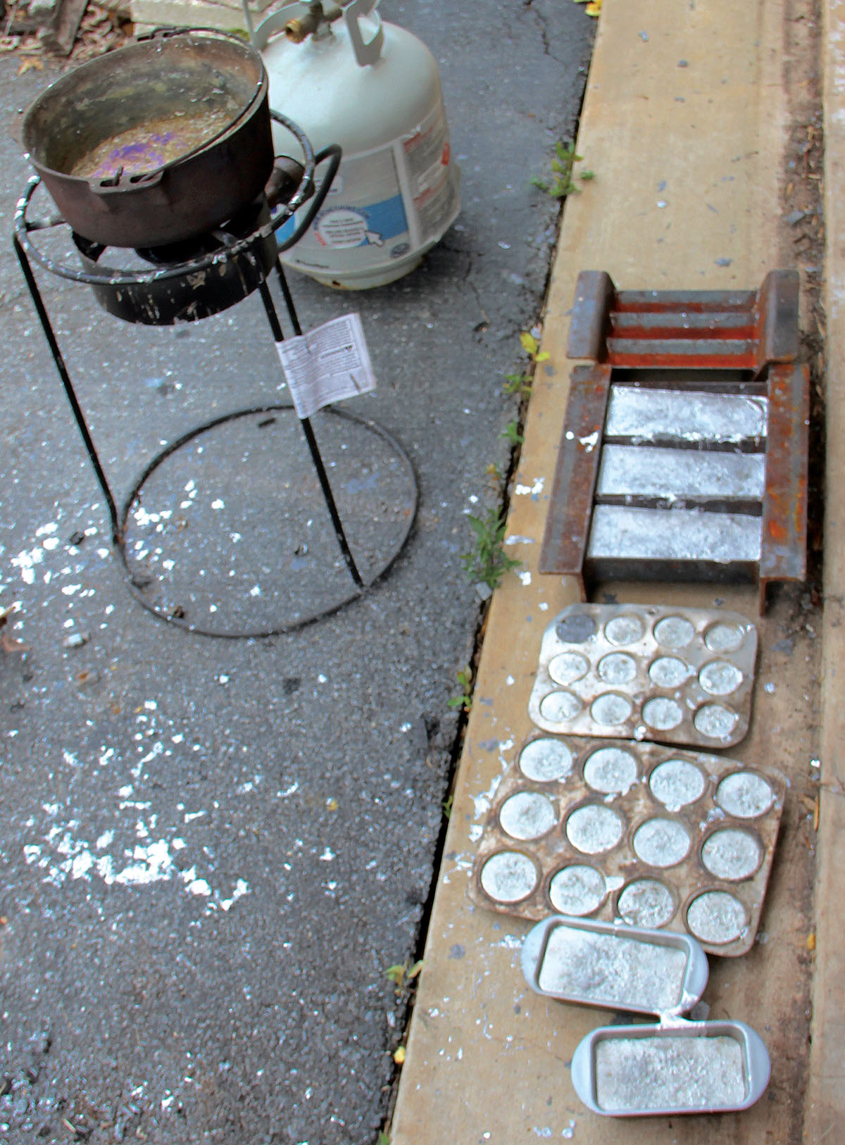 Muffin tins, bread pans and homemade molds from steel I-beam make good ingot moulds.
